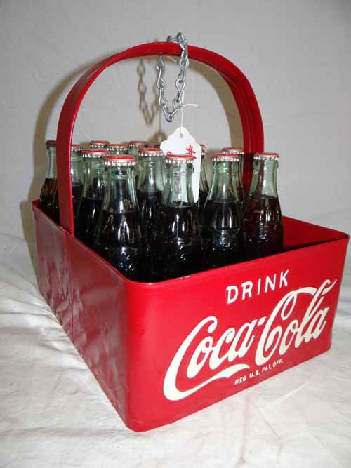 Coca Cola Bottle Carrier: Tin 20 Bottle Coca Cola Carrier with embossed letters - missing 4 bottles - 10"W x 12"D x 12"H