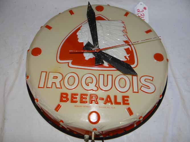 Iroquois Beer Ale Clock: 1955 Iroquois Beer Ale Bottle Cap Light Up Clock with Indian Chief - 17" Diameter x 4"D