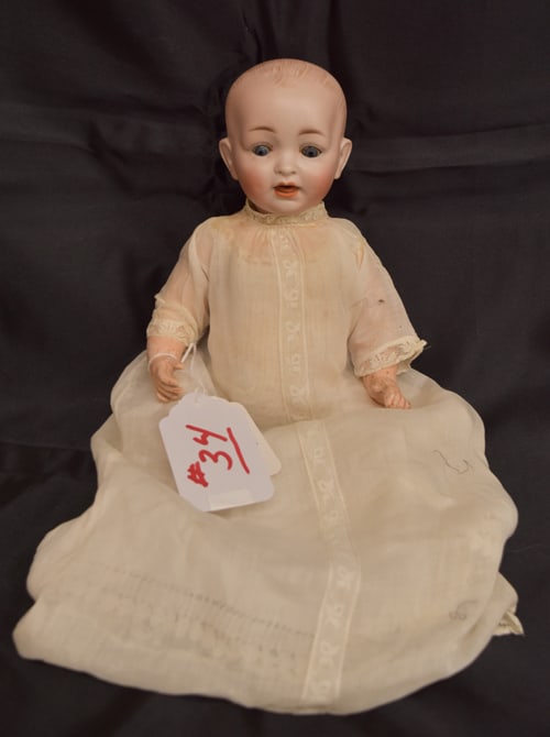 HERTEL SCHWAB BABY: HERTEL SCHWAB 15" BISQUE CHARACTER BABY, MARKED MADE IN GERMANY 151/5, COMPO 5 PC BENT LIMB BODY, SOLID DOME HEAD W/PAINTED HAIR, BLUE SLEEP EYES, O/M W/TONGUE, WEARING WHITE CHRISTENING GOWN & UNDERG