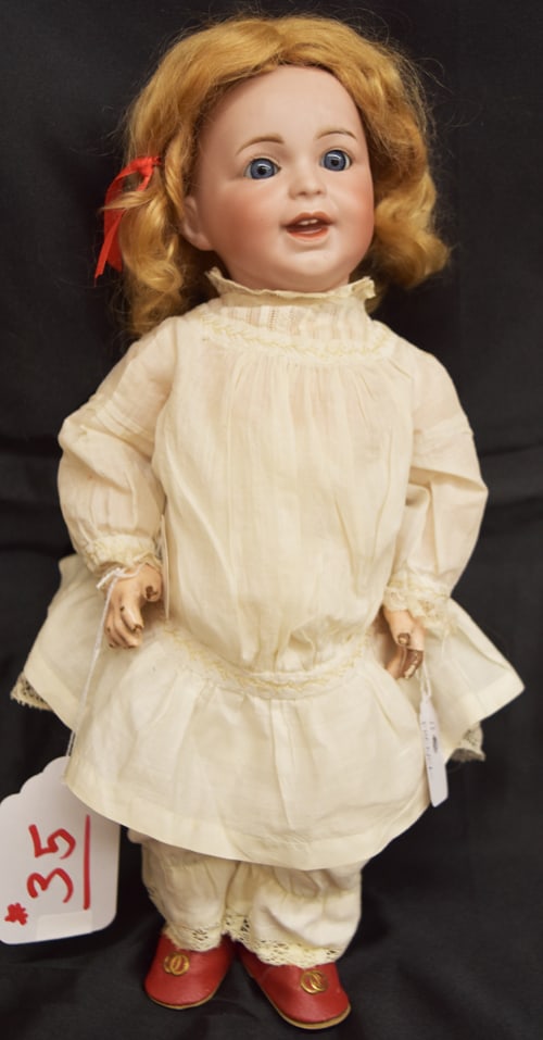 S.F.B.J. DOLL: 15" FRENCH DOLL SFBJ 236 PARIS, CIRCA 1910, BLUE FIXED EYES, O/M W/TWO TEETH, REPLACED BLONDE MOHAIR WIG, SFBJ FRENCH LABEL ON ORIG. COMPO BODY, BISQUE HEAD NO HAIRLINES - FIXED BLUE EYES, O/M W/2 TEE