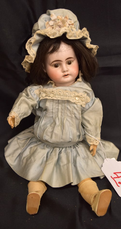 MARKED 900 DOLL: 16" MARKED 900 3/0 - REPLACED SHORT BLACK WIG, FIXED BROWN EYES, O/M W/5 TEETH , COMPO BJB, BLUE DRESS W/LACE ACCENTS, MATCHING HAT, FULL WHITE SLIP & PANTALOONS, OLD SOCKS & SHOES