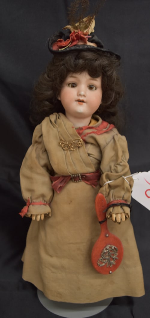 D.R.G.M. DOLL: 17" BISQUE MARKED "D.R.G.M. 246 /1 390n A.2.M." ON COMPO BJB, BROWN SLEEP EYES (SLIGHTLY CROSSED), OM/W 4 TEETH, WEARING OLD BROWN DRESS W/RED RIBBON ACCENTS, OLD SLIP, PANTALOONS AND CAMI TOP, OLD SH