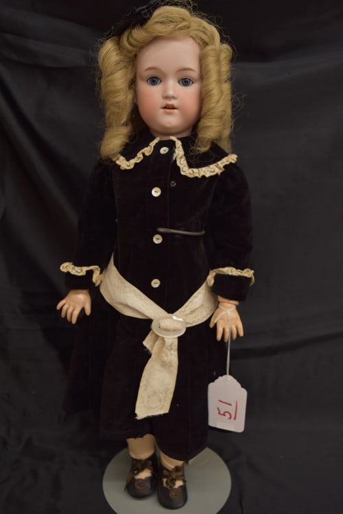 G.B. DOLL: 26" MARKED "GERMANY G. B." COMPO BJB, BLONDE CURLY HH WIG, BLUE SLEEP EYES, OM/W 4 TEETH, BLACK VELVET DRESS W/LACE ACCENTS & WHITE RIBBON AT HIPS OVER WHITE SLIP, PANTALOONS & UNDERSHIRT