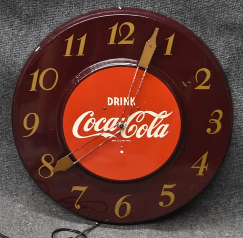 COCA-COLA CLOCK: ROUND TIN "DRINK COCA COLA" CLOCK, GENERAL ELECTRIC CO. -MODEL 668 - 18" DIAMETE