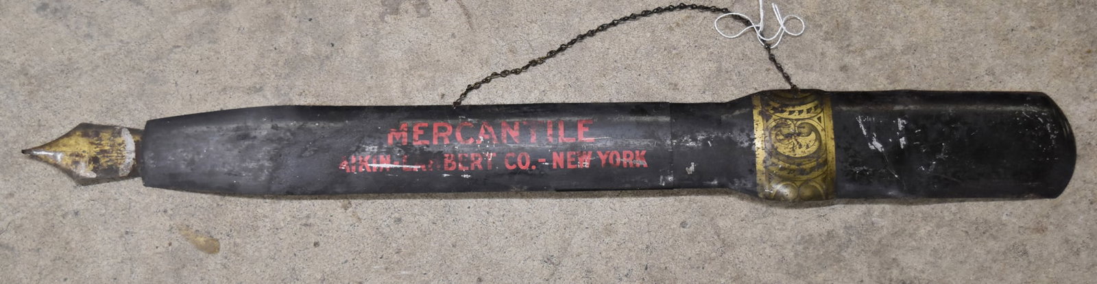 FOUNTAIN PEN SIGN: FIGURAL SINGLE SIDED "MERCANTILE AIKIN -LAMBERT CO, NY" FOUNTAIN PEN SIGN 28 1/2"L X 3 1/4"H