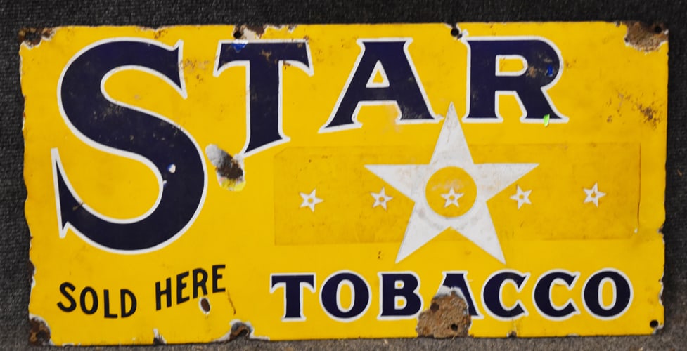 STAR TOBACCO SIGN: STAR TOBACCO PORCELAIN SINGLE SIDED SIGN CIRCA 1920'S - 24" W X 12" H