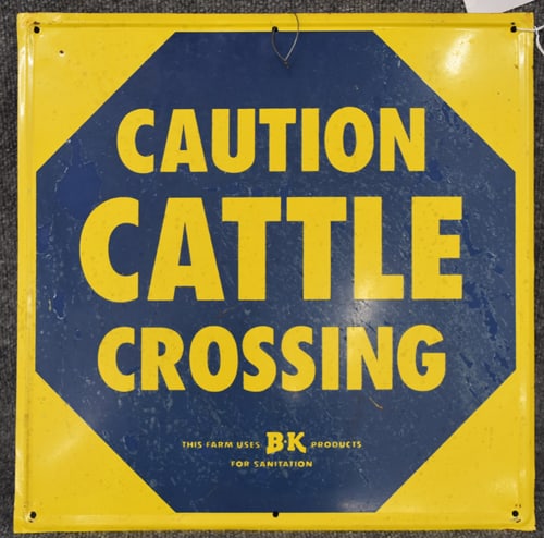"CAUTION CATTLE CROSSING" TIN SIGN (1 of 2)