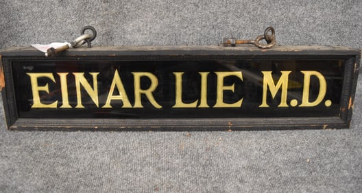 EINAR LIE M.D. REVERSE PAINTED ON GLASS DOUBLE SIDED SIG