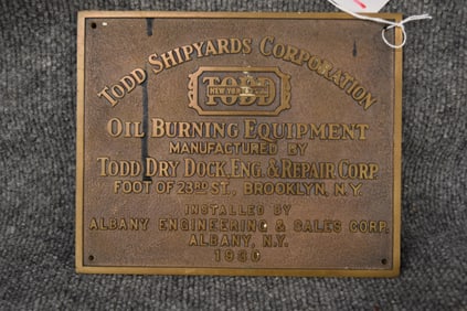 1930 TODD SHIPYARDS CORPORATION OIL BURNING EQUIPMENT BRONZE SIGN