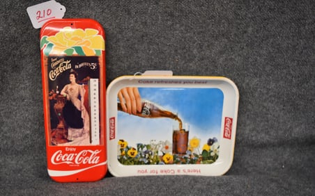 60'S COKE TRAY & 80'S TIN THERMOMETER