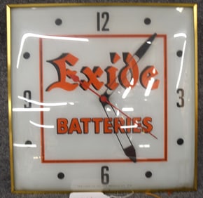 GLASS & METAL EXIDE BATTERIES ADVERTISING CLOCK
