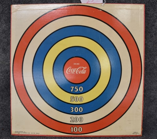 COCA-COLA DART BOARD: COCA COLA 1935 DART BOARD MASONITE WITH PAPER COVERING IN GOOD UNUSED CONDITION - BY MILTON BRADLEY CO. - MEASURES 18" X 18"