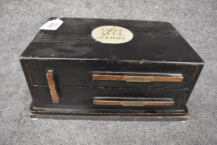 SOFT LITE LENSES CHEST: 1920'S ART DECO "SOFT LITE LENSES" COUNTERTOP 2 DRAWER CHEST - HAS DIVIDED DRAWERS - 18" W X 8" H X 11 1/2" D