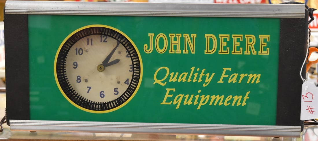 JOHN DEERE CLOCK SIGN: JOHN DEERE QUALITY FARM EQUIPMENT REVERSE ON GLASS PAINTED CLOCK/SIGN, ALUMINUM & METAL BODY