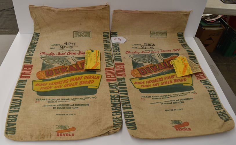 DEKALB SEED BAGS: (2) 1950'S DEKALB 1 BUSHEL SEED BAGS W/ORIG TAGS
