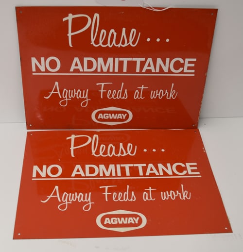 AGWAY SIGNS: (2) 1960'S NOS AGWAY FEEDS AT WORK TIN SIGNS