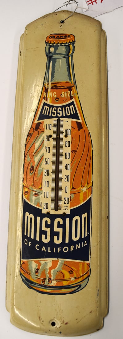 MISSION THERMOMETER: MISSION OF CALIFORNIA TIN THERMOMETER W/WORKING GLASS THERMOMETER