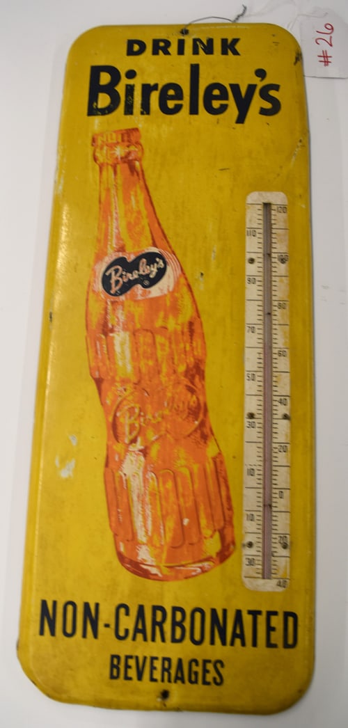 BIRELEY'S THERMOMETER: DRINK BIRELEY'S NON CARBONATED BEVERAGES TIN THERMOMETER W/WORKING GLASS THERMOMETER