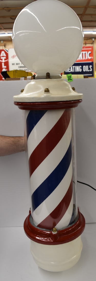 BARBER SHOP POLE: WALL MOUNT REVOLVING BARBER SHOP POLE WITH GLOBE - EMIL J. PAIDAR?
