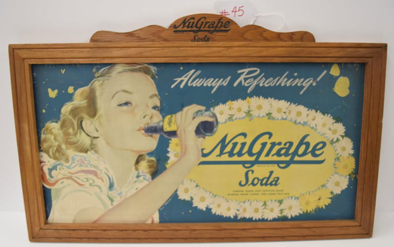 NU GRAPE SIGN: 1940'S NU GRAPE CARDBOARD ADVERTISING SIGN IN NU GRAPE WOODEN FRAME