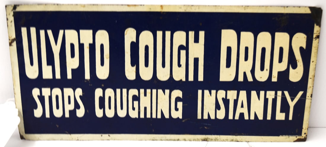 ULYPTO SIGN: ULYPTO COUGH DROPS TIN ADVERTISING SIGN