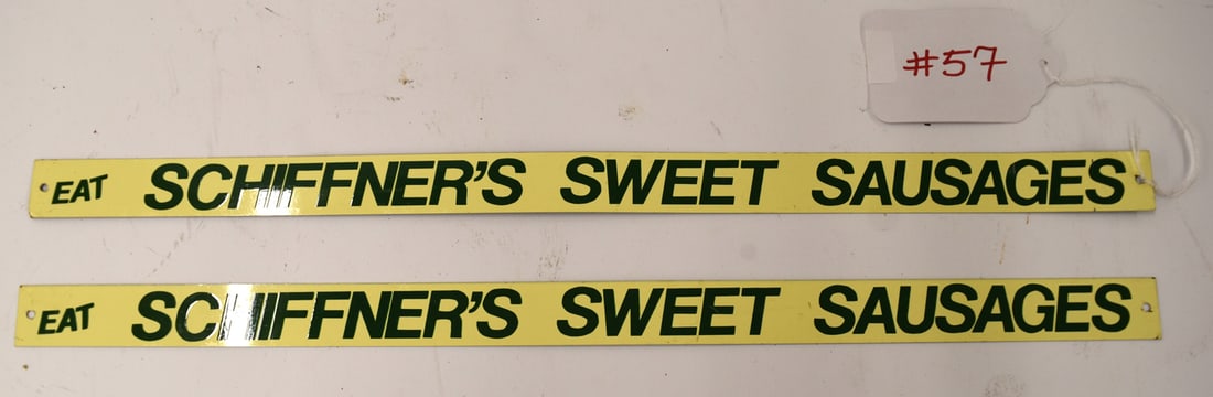 SCHIFFNER'S SIGNS: (2) SCHIFFNER'S SWEET SAUSAGES TIN SMALL SIGNS