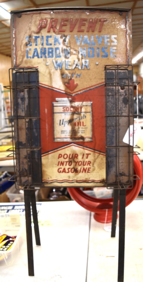 SOCONY DISPLAY RACK: 1920'S "SOCONY UPPERLUB OIL" RACK DISPLAY "PREVENT STICKY VALVES" , PAT'D APPLIED FOR STETSON, NY
