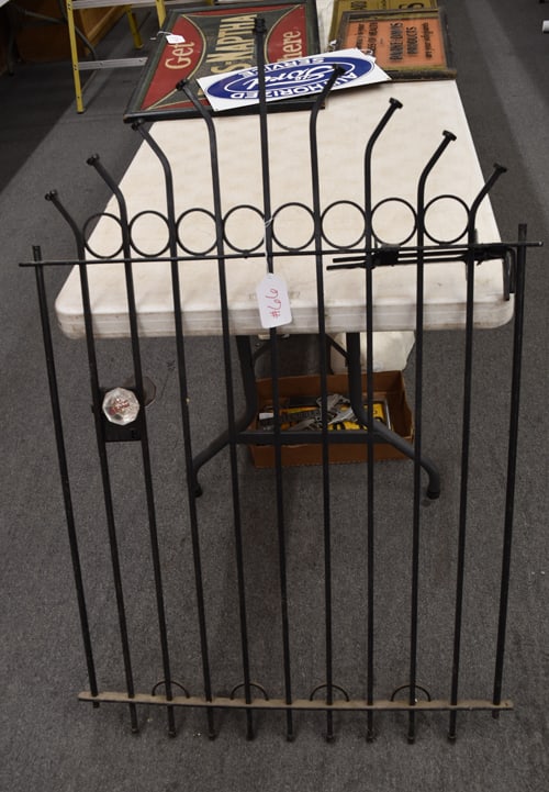 GARDEN GATE: WROUGHT IRON GARDEN GATE W/(1) GLASS COCA-COLA KNOB AND (1) PLAIN GLASS KNOB