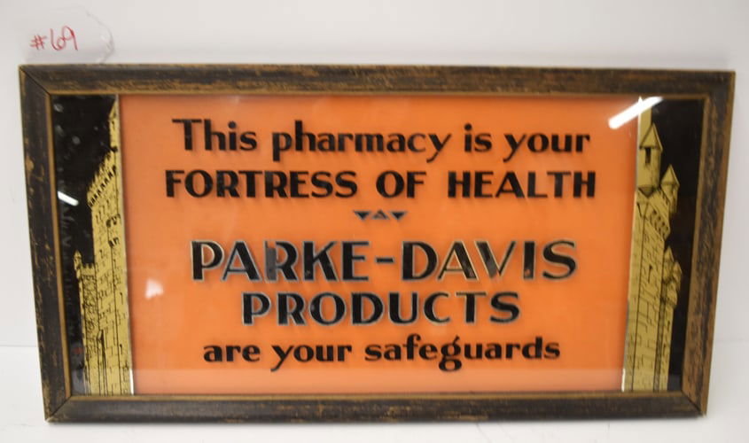 PARKE-DAVIS SIGN: PARKE- DAVIS PRODUCTS REVERSE PTD GLASS SIGN IN FRAME