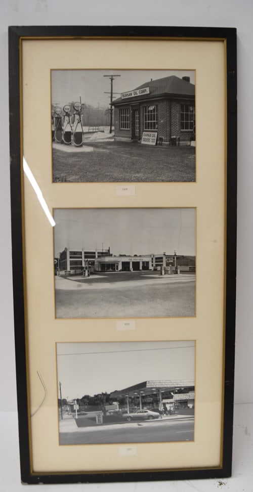GAS STATION PICTURES: FRAMED 3 PICTURE SERIES OF BURSAW OIL & GAS, TEXACO & ESSO STATIONS - BLACK AND WHITE PHOTOS