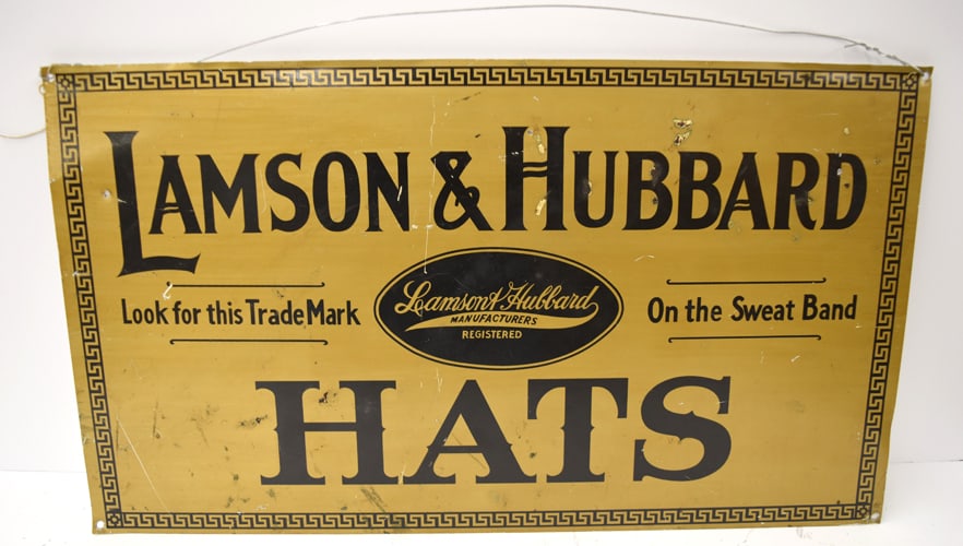 LAMSON & HUBBARD HATS SIGN: LAMSON & HUBBARD HATS TIN SINGLE SIDED SIGN