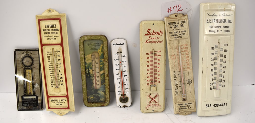 ANTIQUE THERMOMETERS: COLLECTION OF MISC. ANTIQUE THERMOMETERS TO INCLUDE E. TAYLOR, WILLIAM DYER, BOEL'S DAIRY & PORC. THERMOMETER