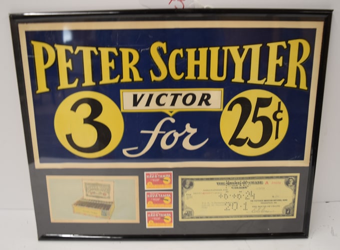 CIGAR RELATED ITEMS: FRAMED CIGAR RELATED ADVERTISING ITEMS TO INC: SIGN, STAMPS, CHECK FOR 70 CENTS