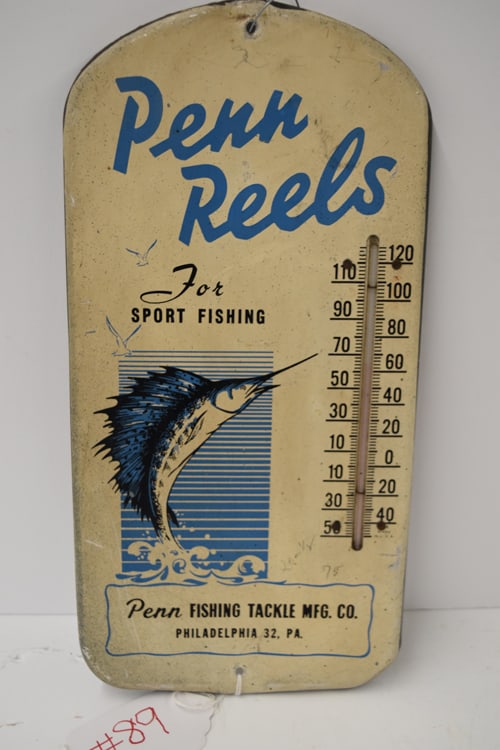 PENN REELS THERMOMETER: PENN REELS ADVERTISING THERMOMETER - HAS WORKING THERMOMETER