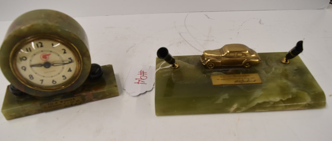 PONTIAC DEALER AWARDS: (2) PONTIAC AUTOMOBILE DEALER AWARDS TO INC: SETH THOMAS DESK CLOCK AND PEN HOLDER - BEAUTIFUL GREEN MARBLE