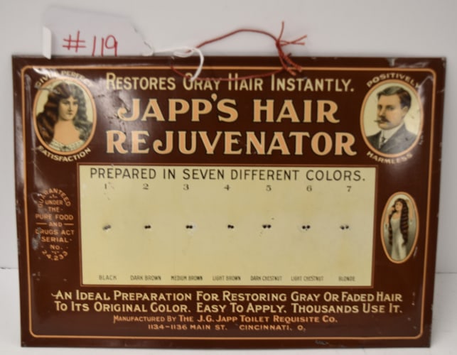 JAPP'S DISPLAY SIGN: JAPP'S HAIR REJUVENATOR DISPLAY SIGN - TIN OVER CARDBOARD