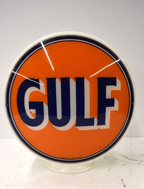 GULF GAS GLOBE: GULF GAS GLOBE ON GLASS BODY WITH (2) LENSES