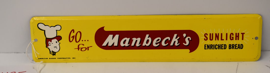 MANBECK'S BREAD SIGN: MANBECK'S BREAD TIN SIGN BY AMERICAN BAKERS COOPERATIVE