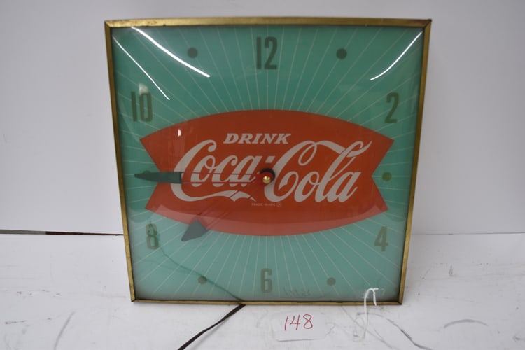 COCA-COLA CLOCK: DRINK COCA-COLA LIGHT UP CLOCK WITH FISH TAIL DESIGN BY PAM CLOCK CO. - NICE GREEN COLOR - WORKS