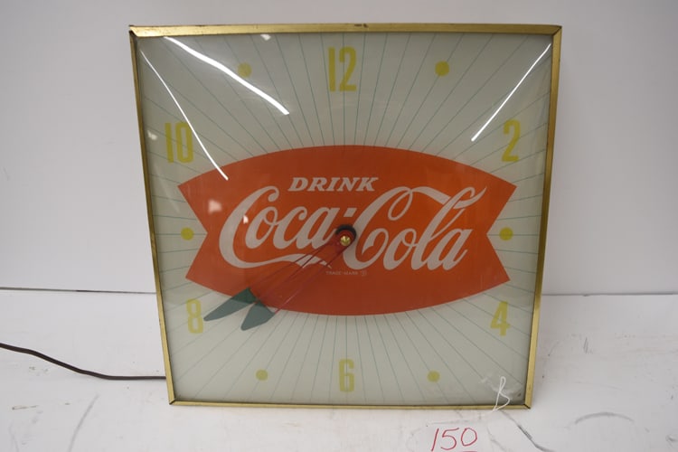 COCA-COLA CLOCK: DRINK COCA-COLA W/FISH TAIL DESIGN LIGHT UP CLOCK BY PAM CLOCK CO. - WORKS
