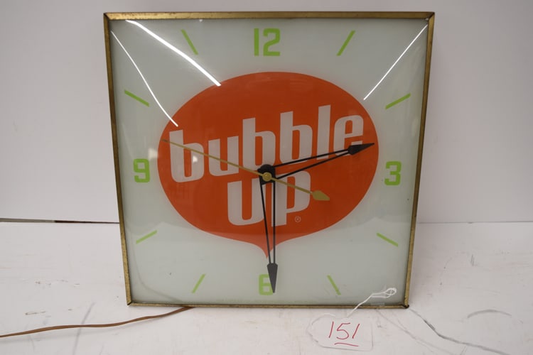 BUBBLE UP CLOCK: BUBBLE UP ADVERTISING LIGHT UP CLOCK BY PAM CLOCK CO. NEW ROCHELLE, NY MADE IN USA
