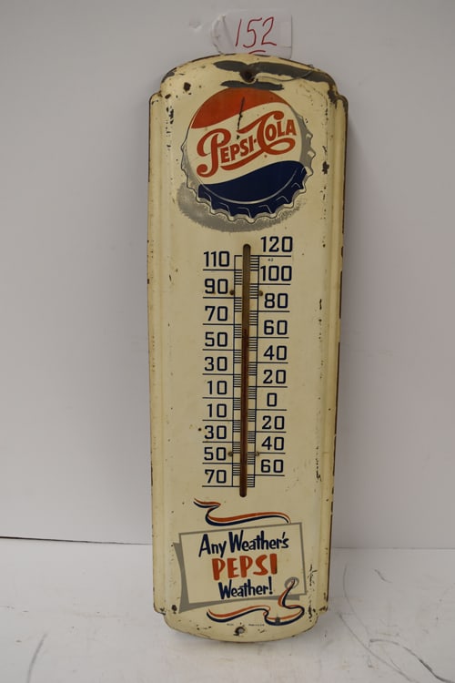 PEPSI-COLA THERMOMETER: PEPSI-COLA ANY WEATHER IS PEPSI WEATHER TIN THERMOMETER W/WORKING GLASS THERMOMETER