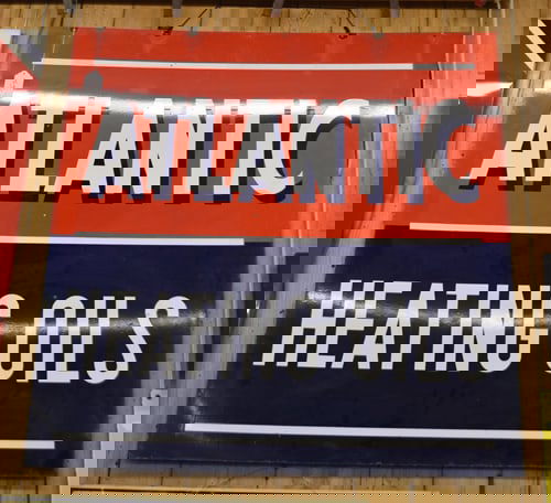ATLANTIC SIGN: ATLANTIC HEATING OILS DBL SIDED PORCELAIN SIGN
