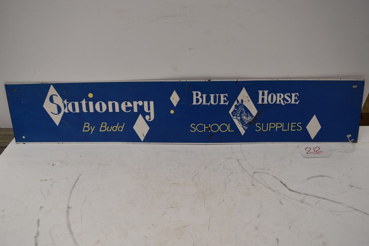 BLUE HORSE STATIONERY SIGN: TIN BLUE HORSE STATIONERY SIGN