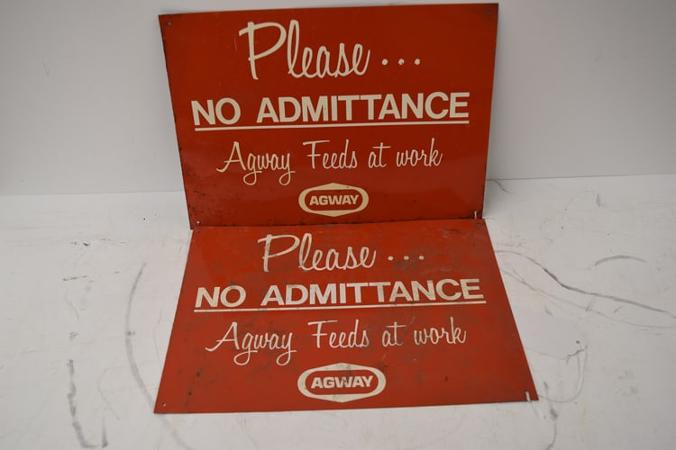 TWO AGWAY SIGNS: PR OF TIN PLEASE NO ADMITTANCE SINGLE SIDED AGWAY SIGNS