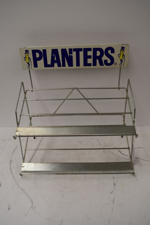 PLANTER'S PEANUTS DISPLAY RACK: PLANTERS PEANUT COUNTER TOP DISPLAY RACK - METAL RACK AND METAL SIGN