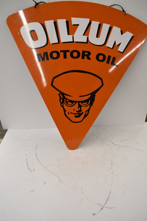 OILZUM MOTOR OIL CONTEMPORARY SIGN: OILZUM MOTOR OIL STEEL CONTEMPORARY TRIANGLE SIGN