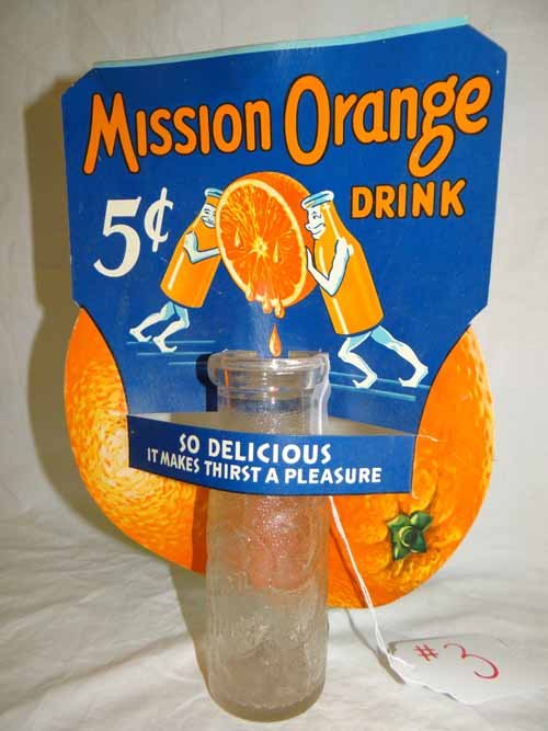 Mission Orange Bottle Display: Cardboard Mission Orange 5 Cent Bottle Display w/ Enbossed Bottle