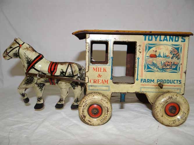 Marx Tin Wind-up Horse & Wagon: Marx Tin Wind Up Toyland's Farm Product Horse & Wagon with Tin Litho - 9 1/2"L x 4 1/2"W