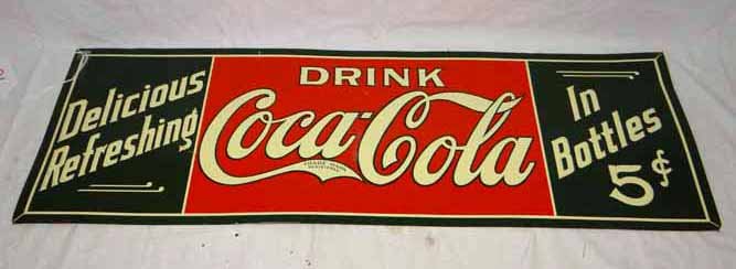 Coca Cola Sign: Tin "Drink Coca Cola in Bottles" 5 Cent sign - 11 3/4"H x 36"L